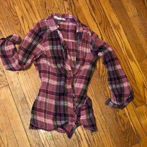 Pink and back snap button flannel w tie back